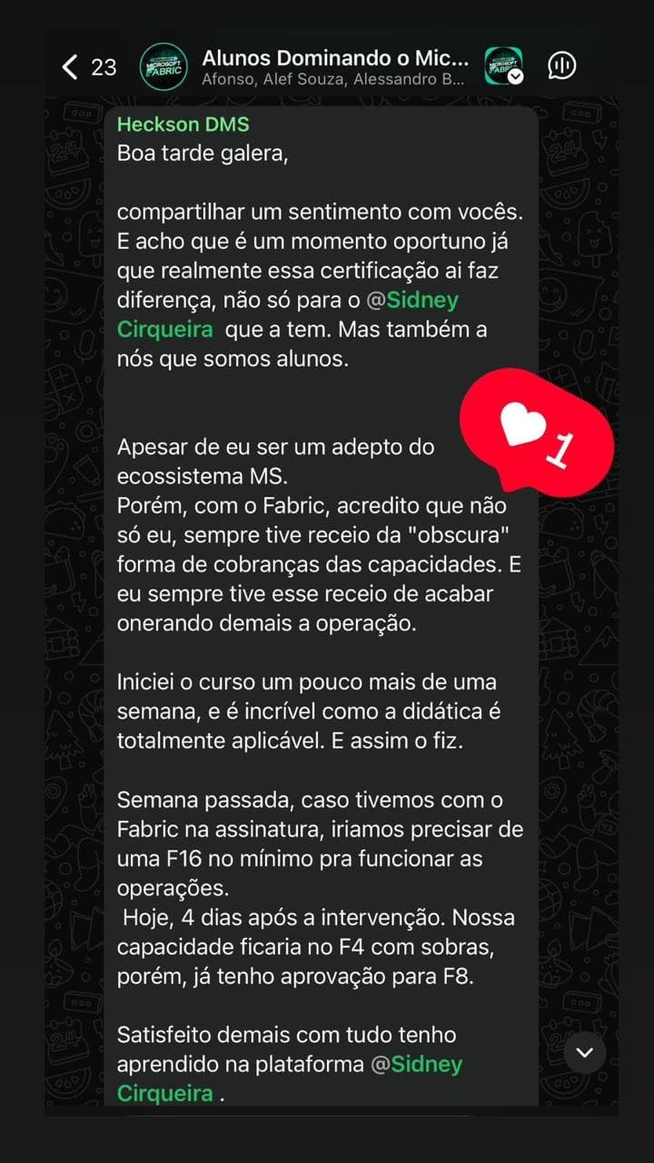 Heckson DMS relata economia de capacidade no Fabric e elogia a didática do curso